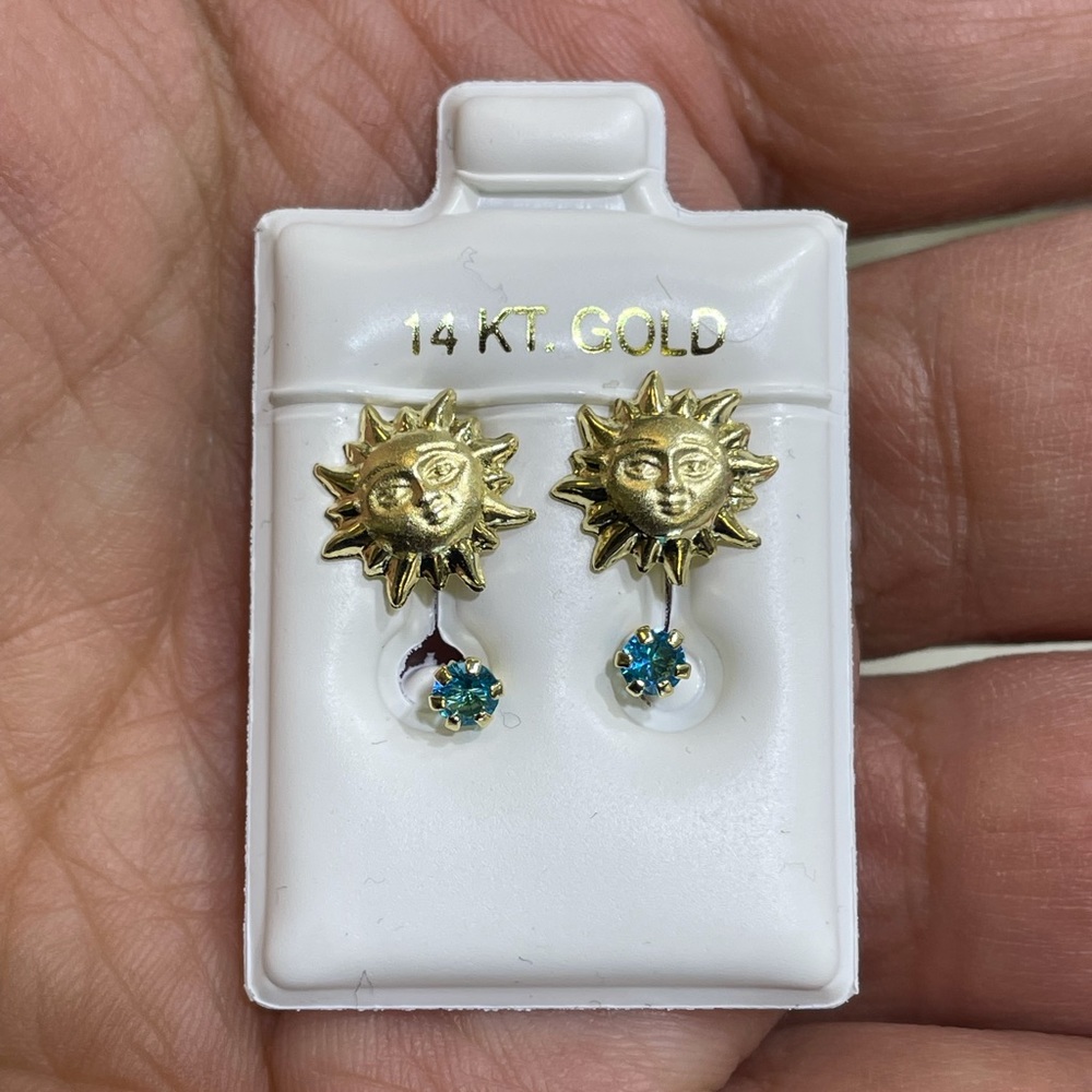 Solid Gold 14Karat SUN Aqua Cz 10x10mm Ball Telephone Earring